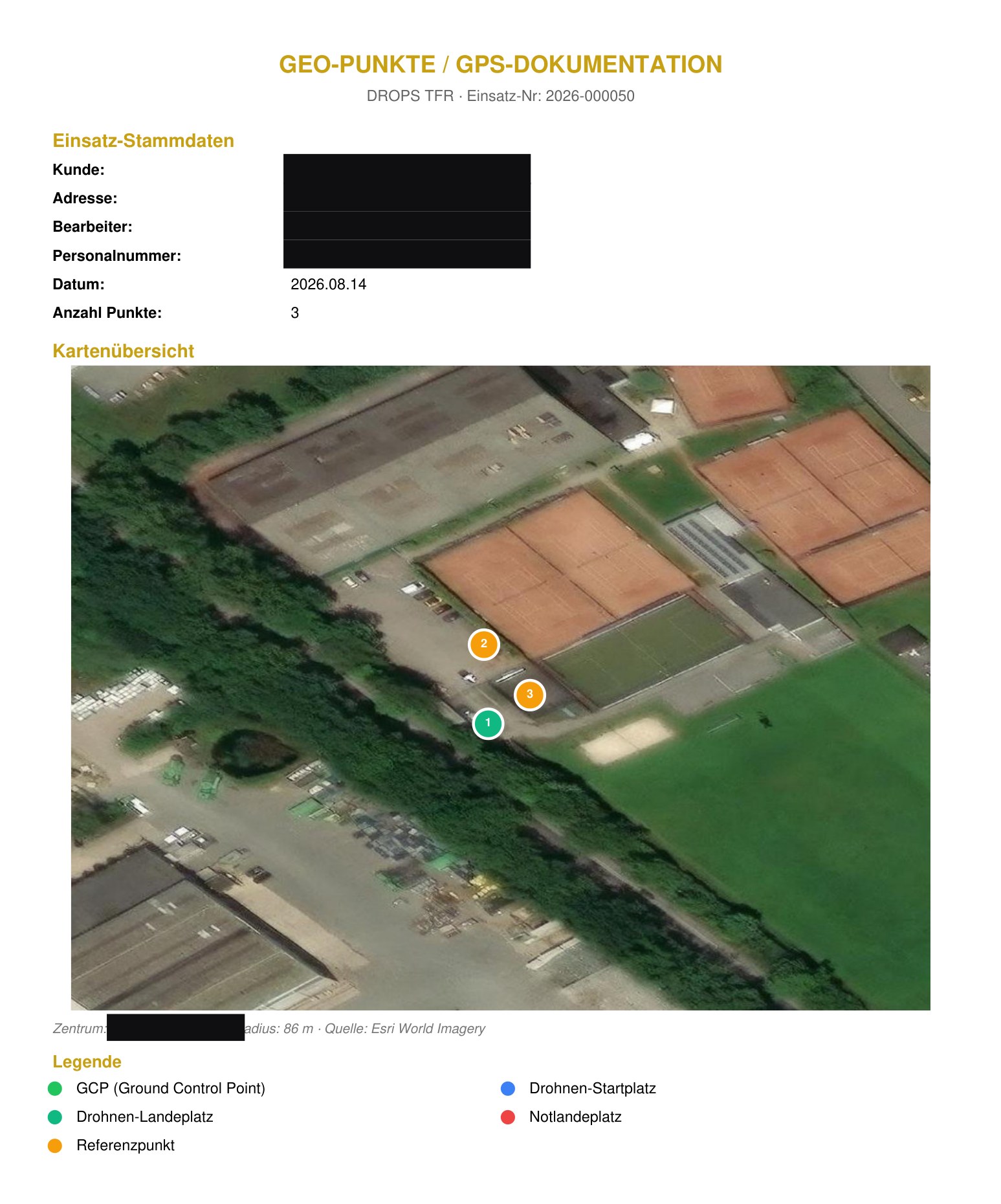 Anonymisierte GPS-Lagedokumentation eines Drohneneinsatzes mit Kartenübersicht und erfassten Geo-Punkten